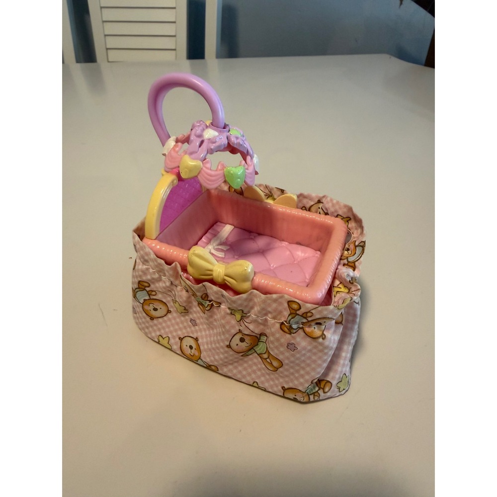 Fisher-Price Mattel 2007 Doll Bassinet Pink Yellow Cradle Teddy Bear Mobile Toy